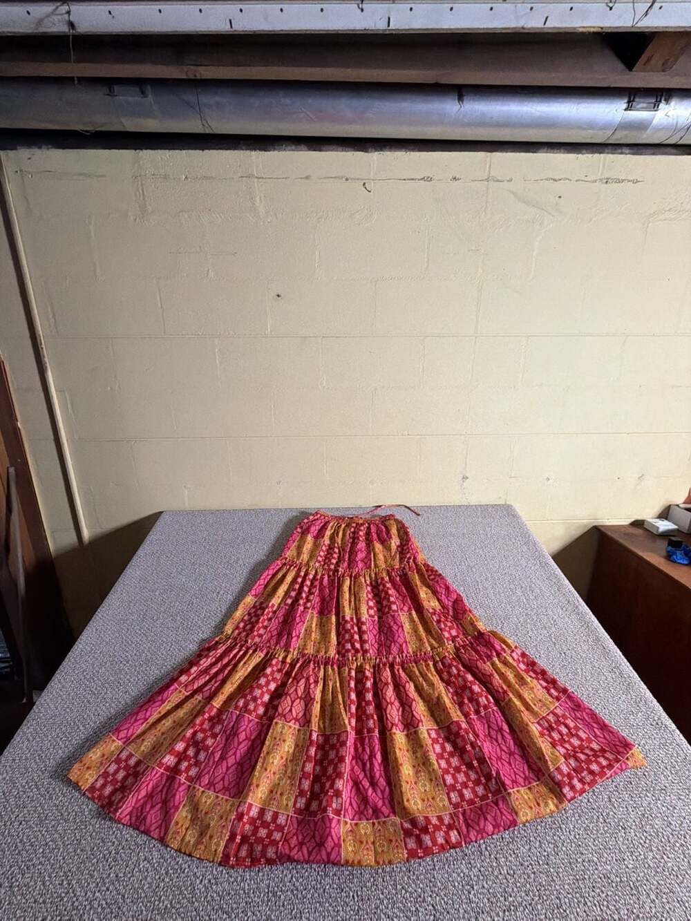 Bohemian Patchwork Tiered Maxi Skirt Pink Yellow Long Flowy